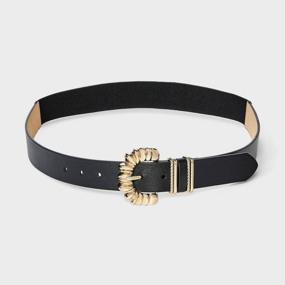 Belt, Gold Color Buckle, Black Leather and Elastic Plus Size, NWT